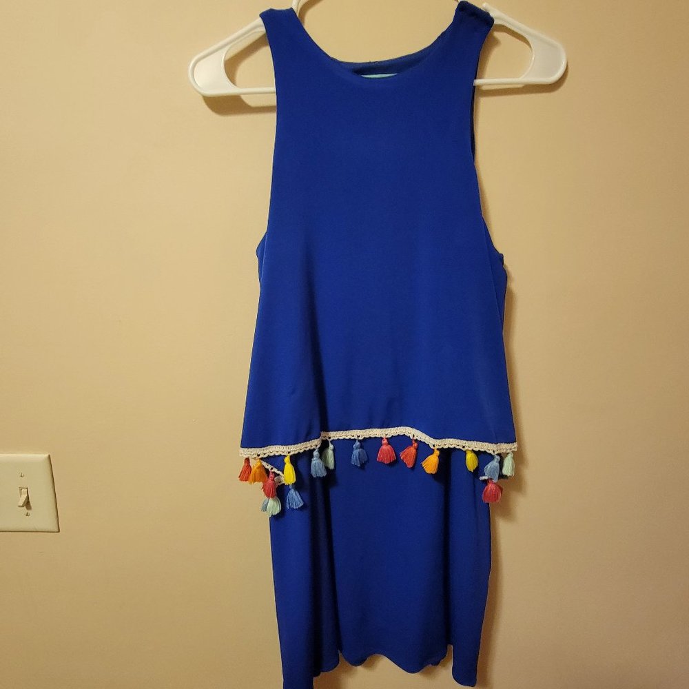 Judith March Royal Blue Rainbow Tassel Trim Tiered Tank Dress Size M